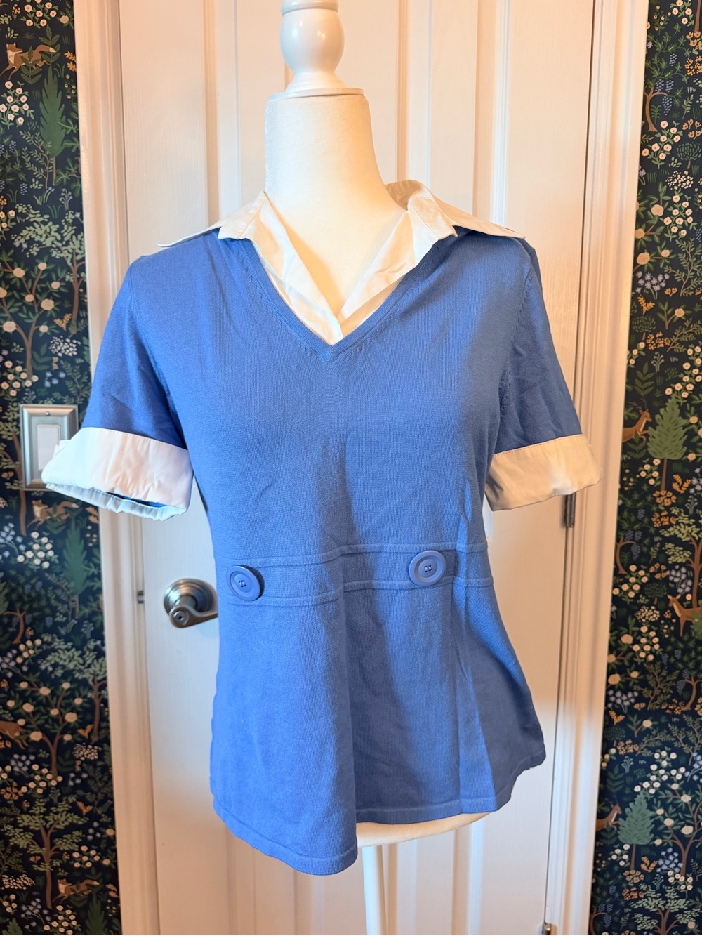 Spense Blue V-Neck Short Sleeve Polo-Style Top with White Collar
